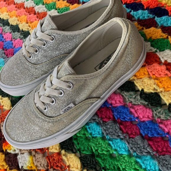 Vans Authentic Metallic Silver Glitter Lace Up Flat Skate Sneaker Waffle… - Picture 4 of 11